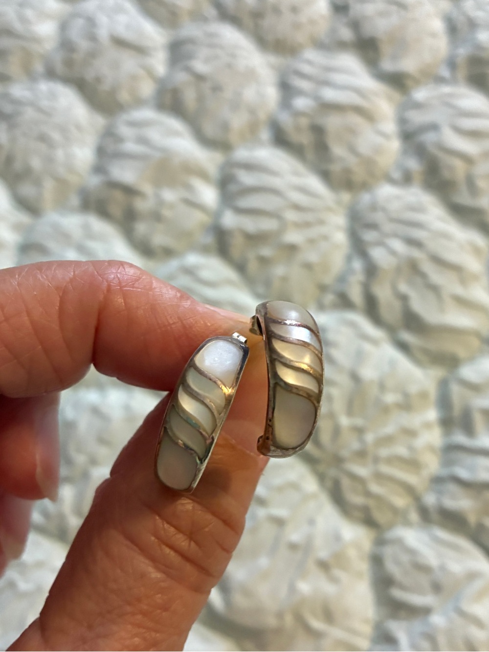 Sterling Mother of Pearl Inlay Vintage Hoop Earrings